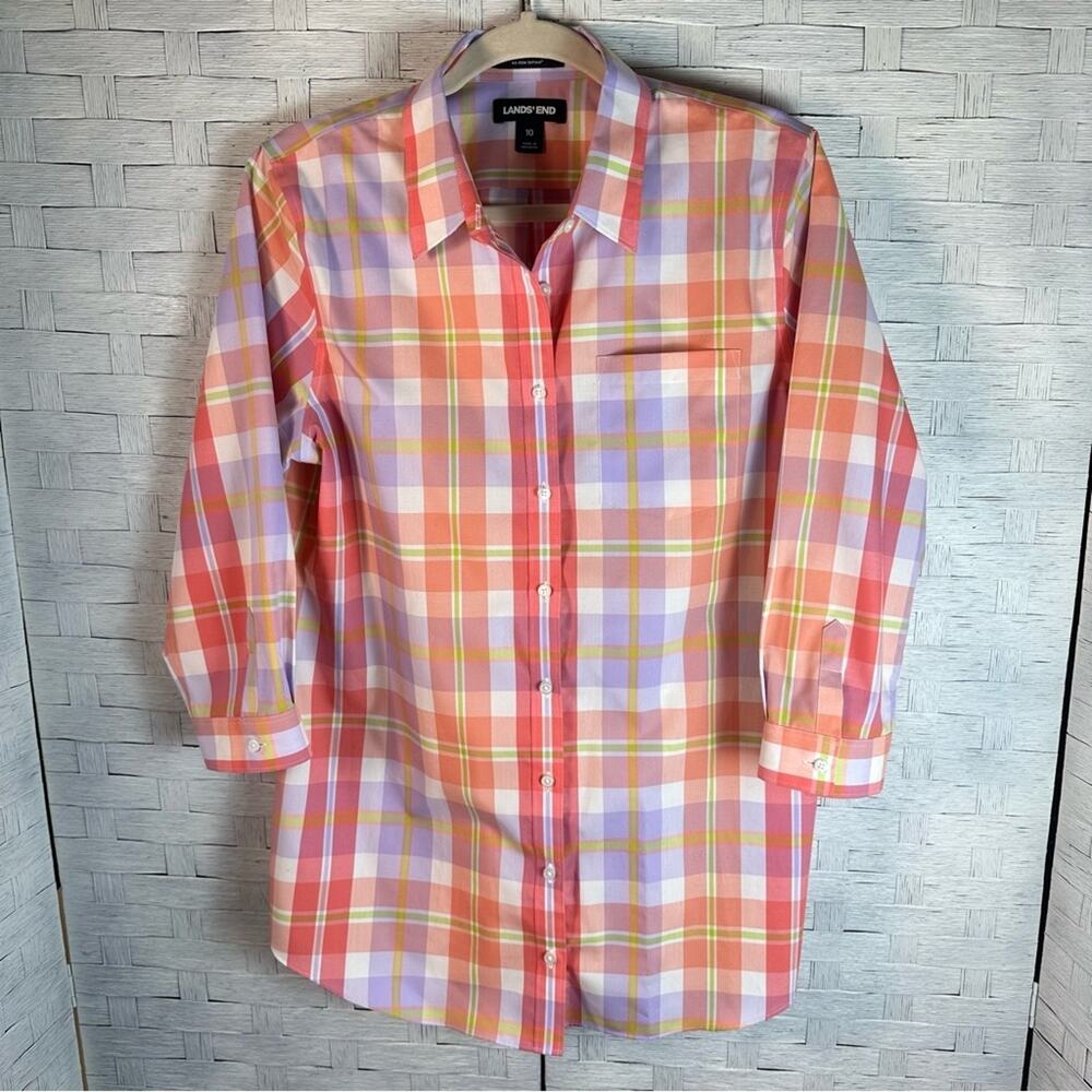 Lands’ End button-down shirt 3/4 sleeve plaid, pastel, spring, colorful feminine